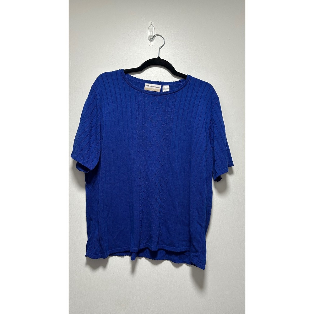 Alfred Dunner Vintage Royal Blue Short Sleeve Cable Knit Sweater Top 1X USA